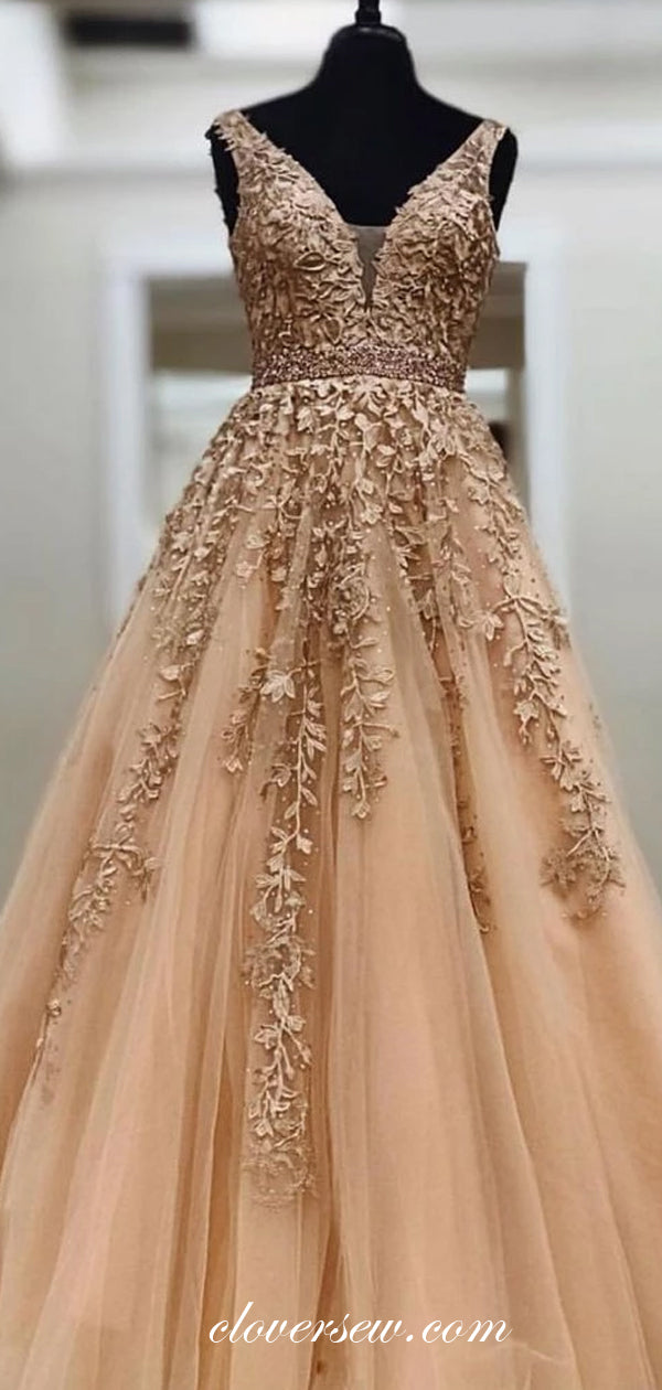 Sleeveless V-neck Lace Applique Bead Belt A-line Prom Dresses,CP0249