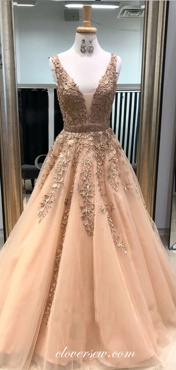 Sleeveless V-neck Lace Applique Bead Belt A-line Prom Dresses,CP0249