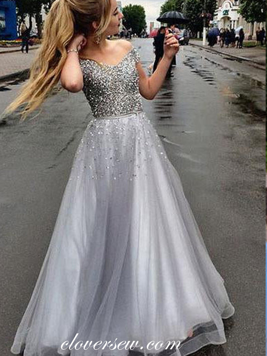 Sliver Bead Sequin Off The Shoulder Grey Tulle Prom Dresses, CP0830