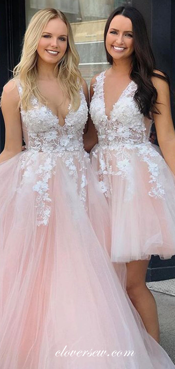 Soft Pink Applique Tulle V-neck Sleeveless A-line Prom Dresses, CP0545 Soft Pink Applique Tulle V-neck Sleeveless A-line Prom Dresses, CP0545