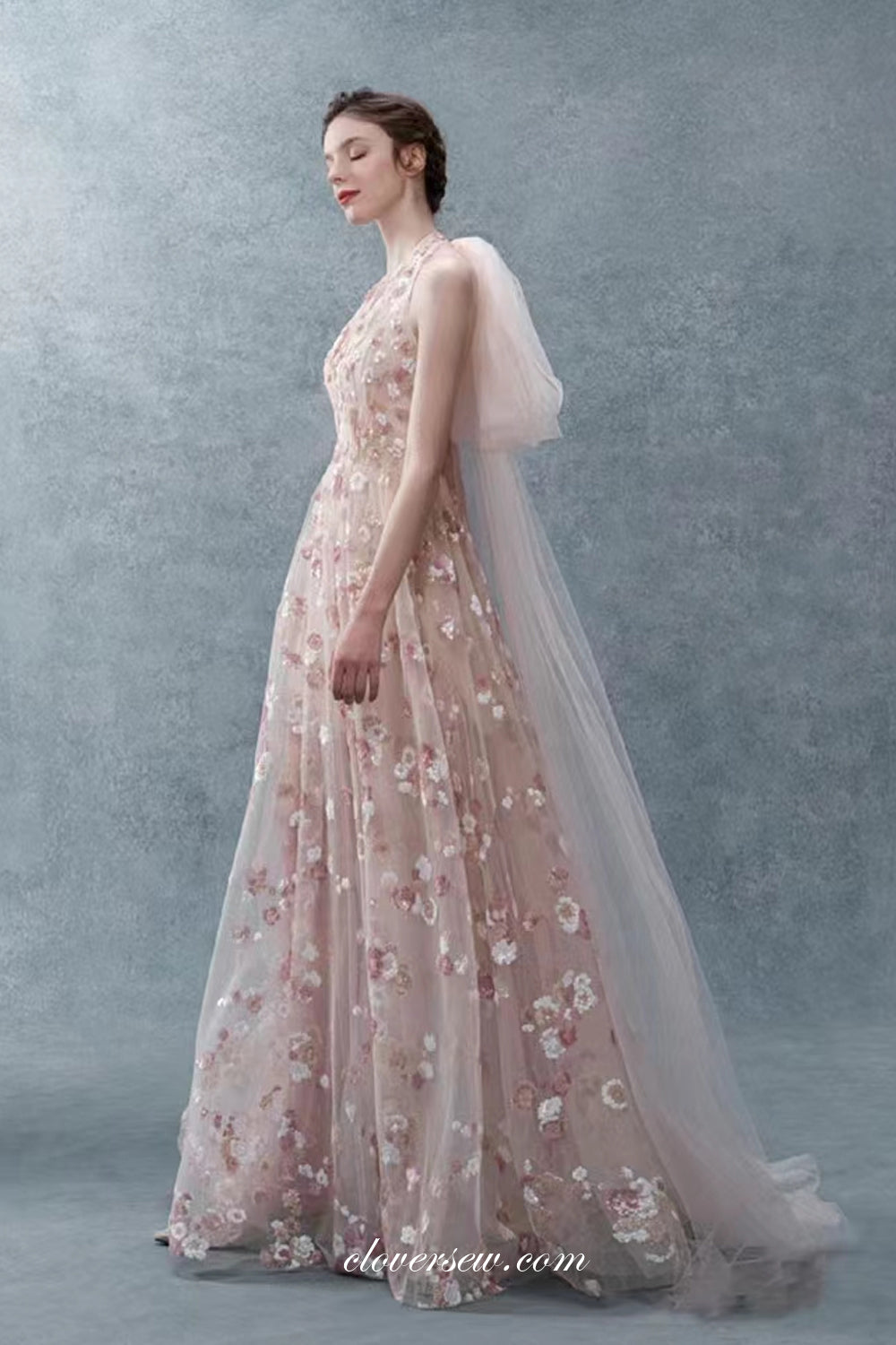 Soft Pink Handmade Flowers Tulle Halter Backless Spring Prom Dresses, CP0977