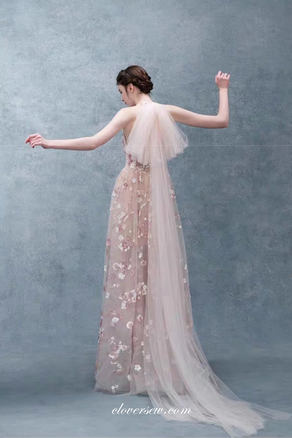 Soft Pink Handmade Flowers Tulle Halter Backless Spring Prom Dresses, CP0977