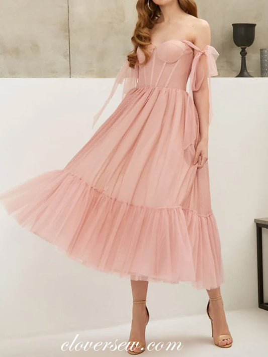 Soft Pink Tulle Sweetheart Convertible Strap Knee Length Homecoming Dresses, CH0035