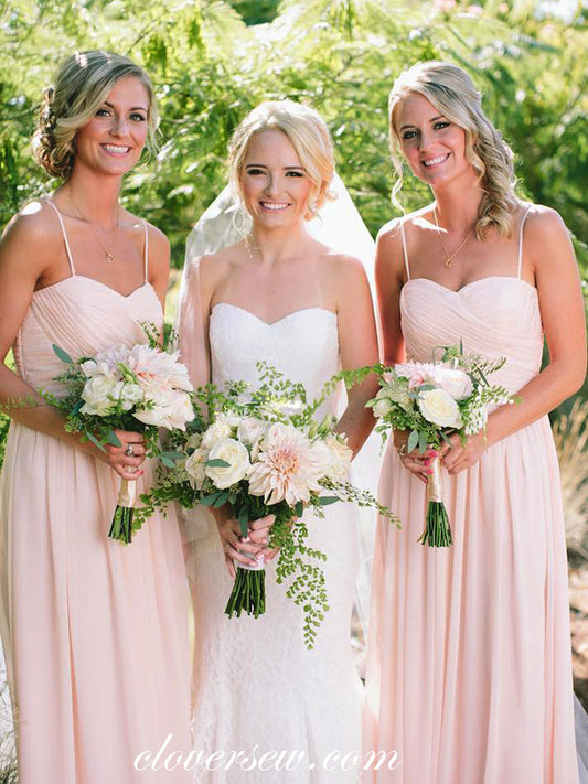 Soft Pink Chiffon Spaghetti Strap A-line long Bridesmaid Dresses, CB0039
