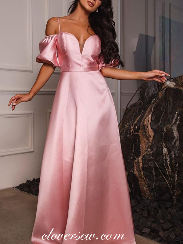 Soft Pink Satin Off The Shoulder Lantern Sleeves A-line Prom Dresses,CP0319