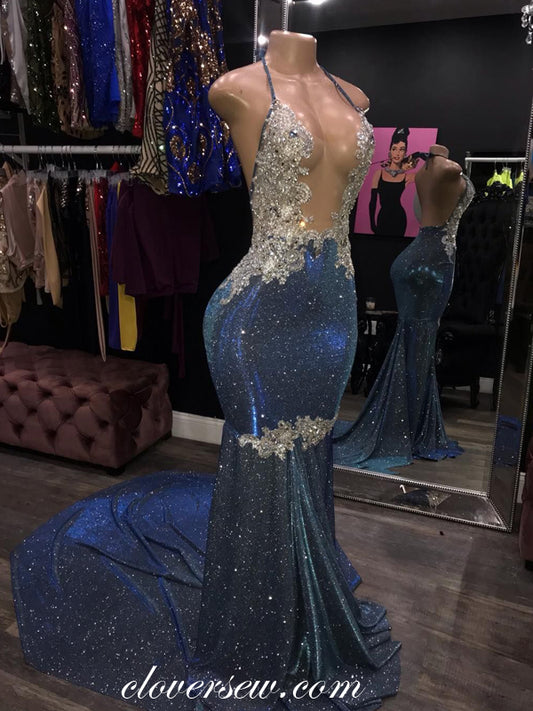 Sparkly Shiny Satin Applique Sexy Halter Mermaid Evening Dresses, CP0550