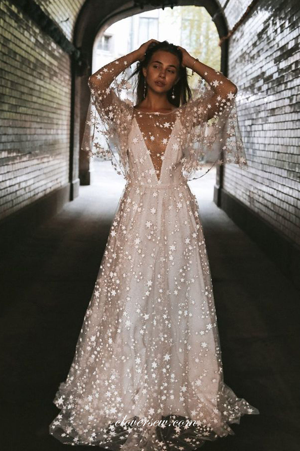 Sparkly Star Sequined Tullen Two Piece Beach Wedding Dresses, CW0301