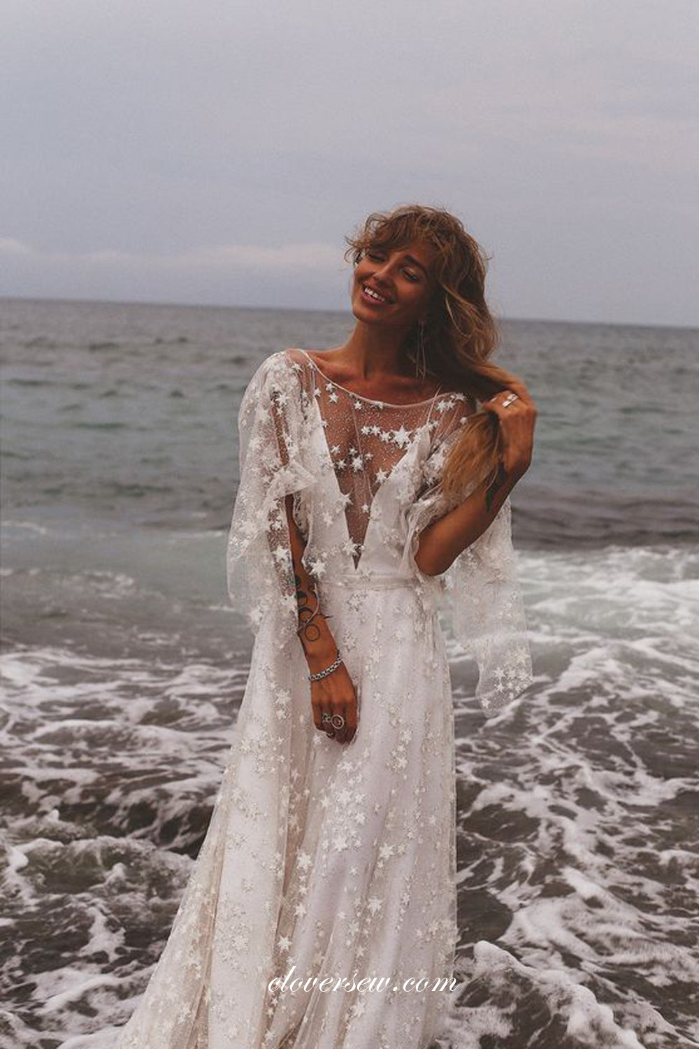 Sparkly Star Sequined Tullen Two Piece Beach Wedding Dresses, CW0301