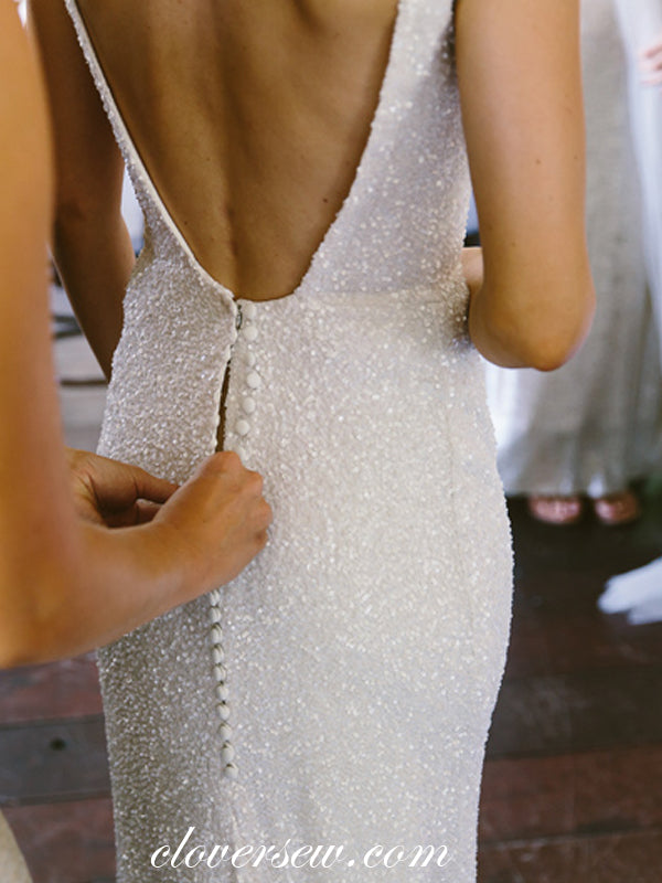 Sparkly 3D Sequin Bead Cap Sleeves Scoop Neck Backless Wedding Dresses , CW0027