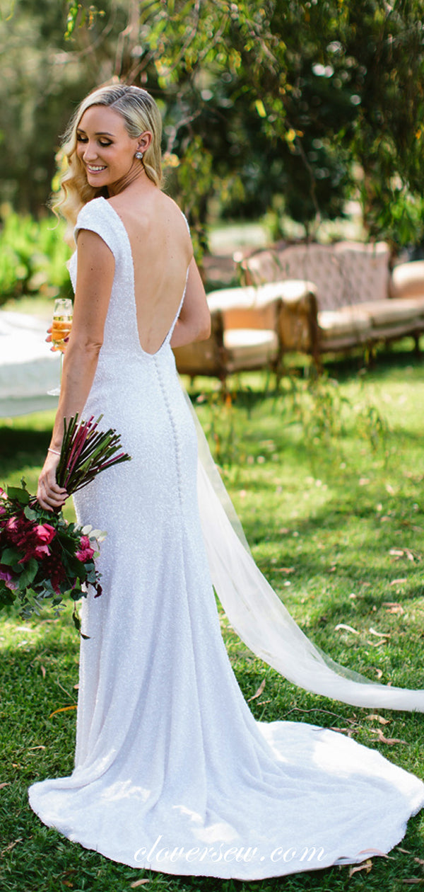 Sparkly 3D Sequin Bead Cap Sleeves Scoop Neck Backless Wedding Dresses , CW0027