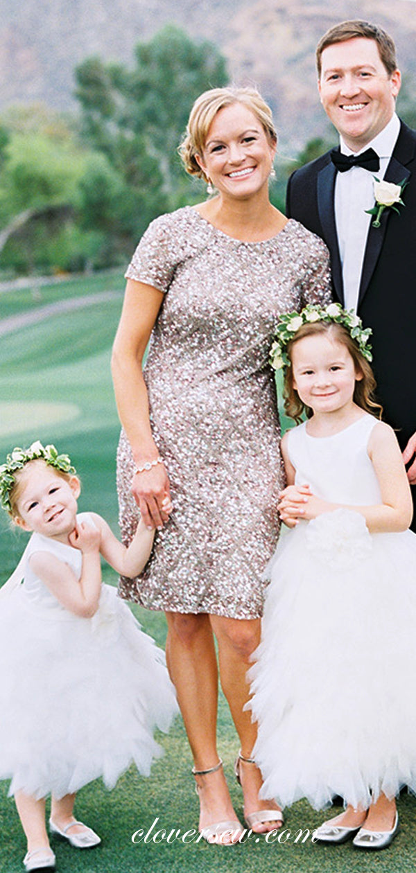 Sparkly Lilac Sequin Bead Short Sleeves Sheath Knee Length Bridesmaid Dresses, CB0042