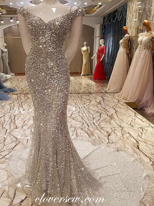 Sparkly Sequin Bead Off The Shoulder Mermaid Formal Dresses, CP0120