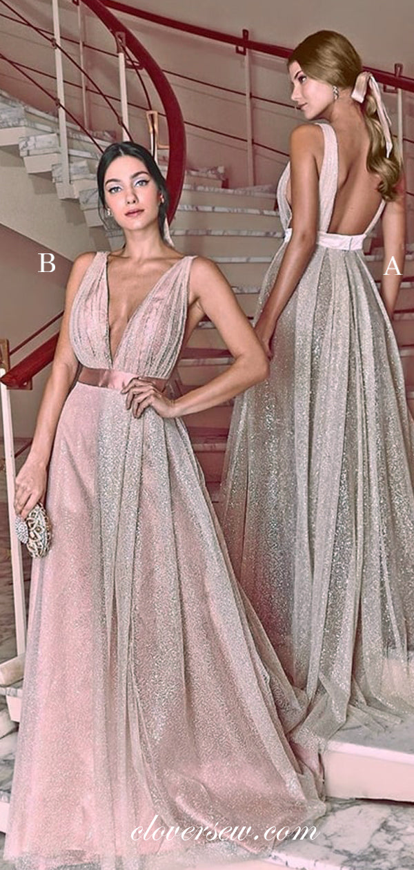 Sparkly Sequin Tulle V-neck Backless A-line Prom Dresses,CP0287