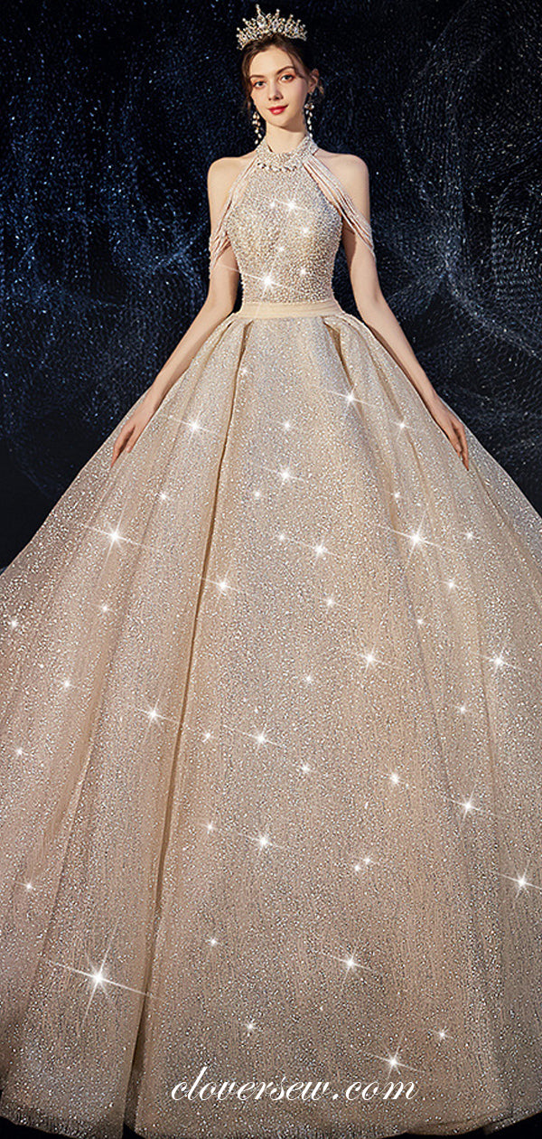 Sparkly Sequined Tulle Bead Tassels Halter Ball Gown Wedding Dresses,CW0080
