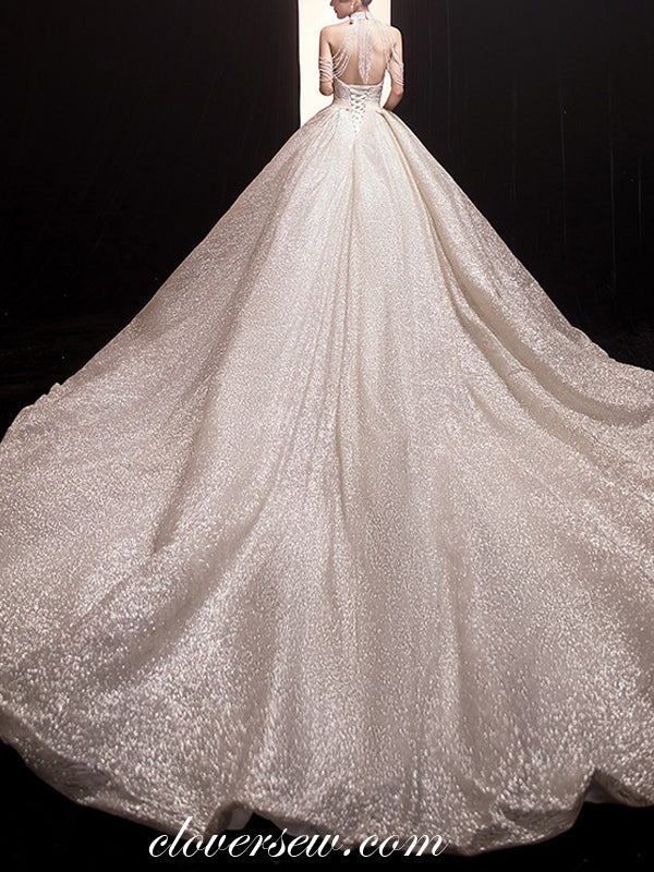 Sparkly Sequined Tulle Bead Tassels Halter Ball Gown Wedding Dresses,CW0080