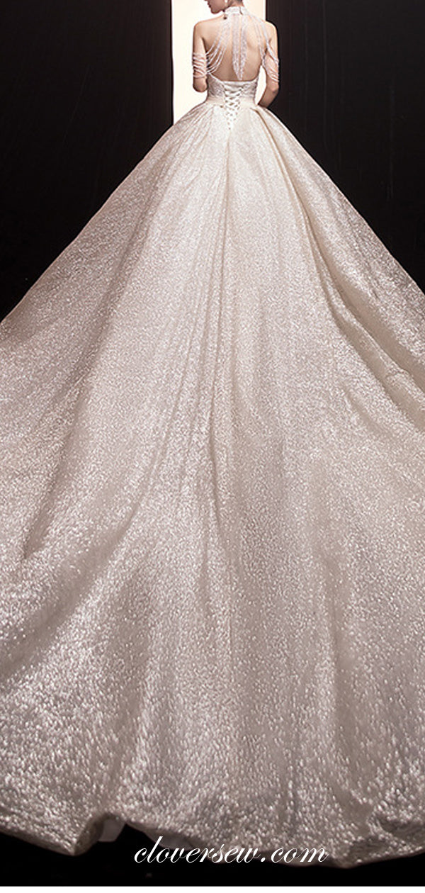 Sparkly Sequined Tulle Bead Tassels Halter Ball Gown Wedding Dresses,CW0080