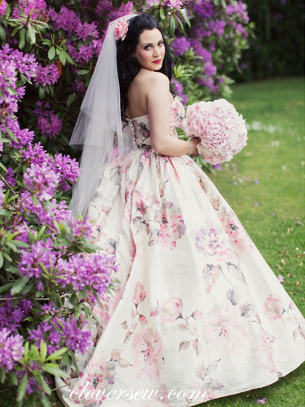 Spring Floral Satin Strapless Ball Gown Wedding Dresses, CW0057