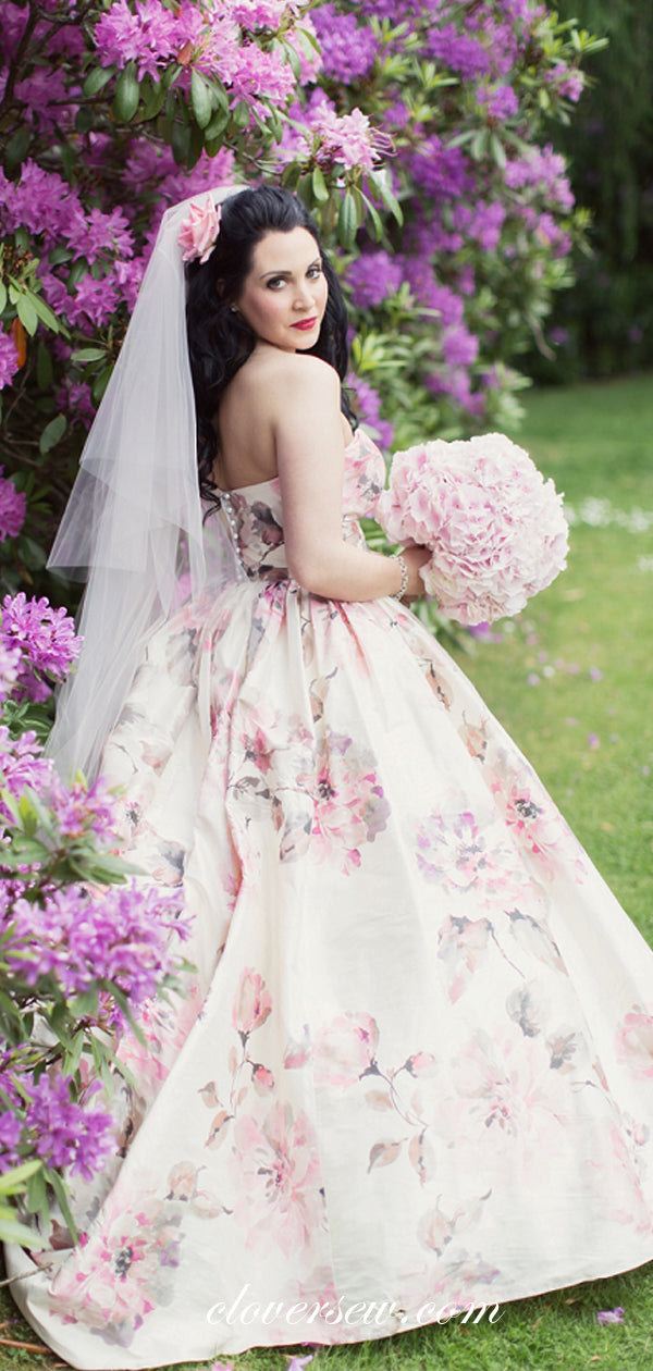 Spring Floral Satin Strapless Ball Gown Wedding Dresses, CW0057