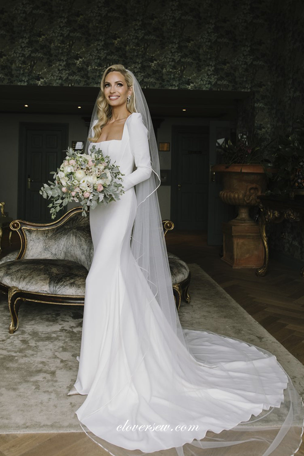 Square neck Long Sleeves Mermaid Sweep Train Vintage Wedding Dresses, CW0322 Square neck Long Sleeves Mermaid Sweep Train Vintage Wedding Dresses, CW0322