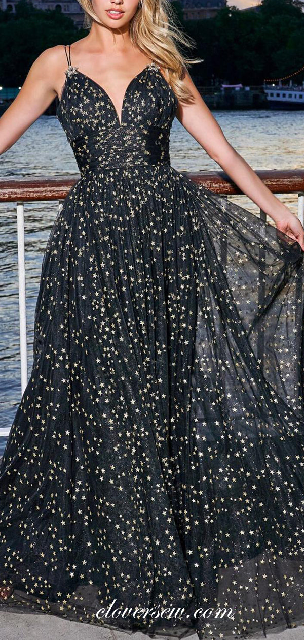 Star Sequin Tulle Spaghetti Strap A-line Prom Dresses,CP0438