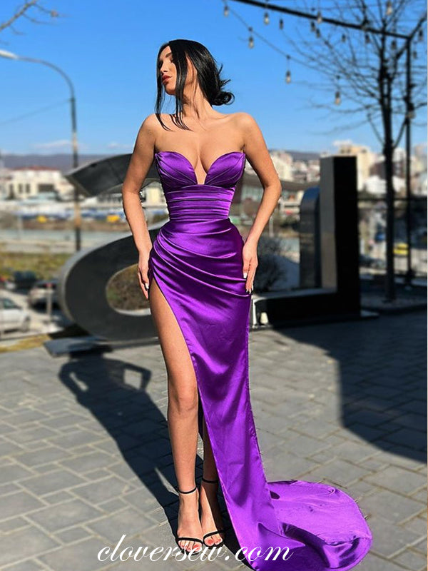 Strapless Purple Satin Sexy High Side Slit Sheath Formal Dresses, CP0959
