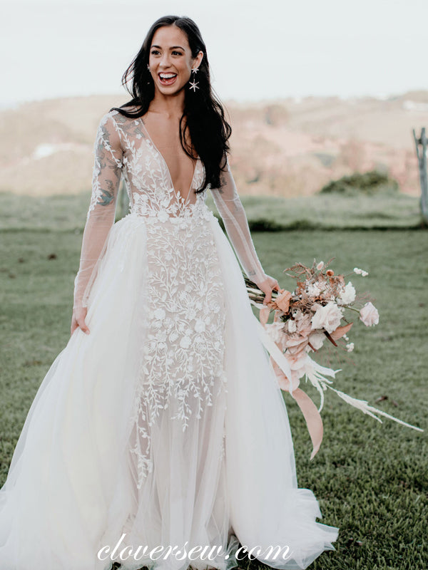Stunning 3D Lace Long Sleeves Mermaid Dechable Train Wedding Dresses, CW0258