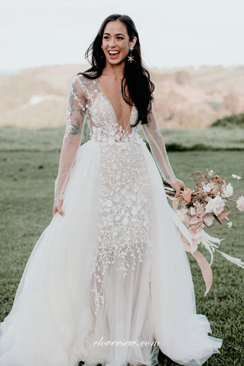Stunning 3D Lace Long Sleeves Mermaid Dechable Train Wedding Dresses, CW0258