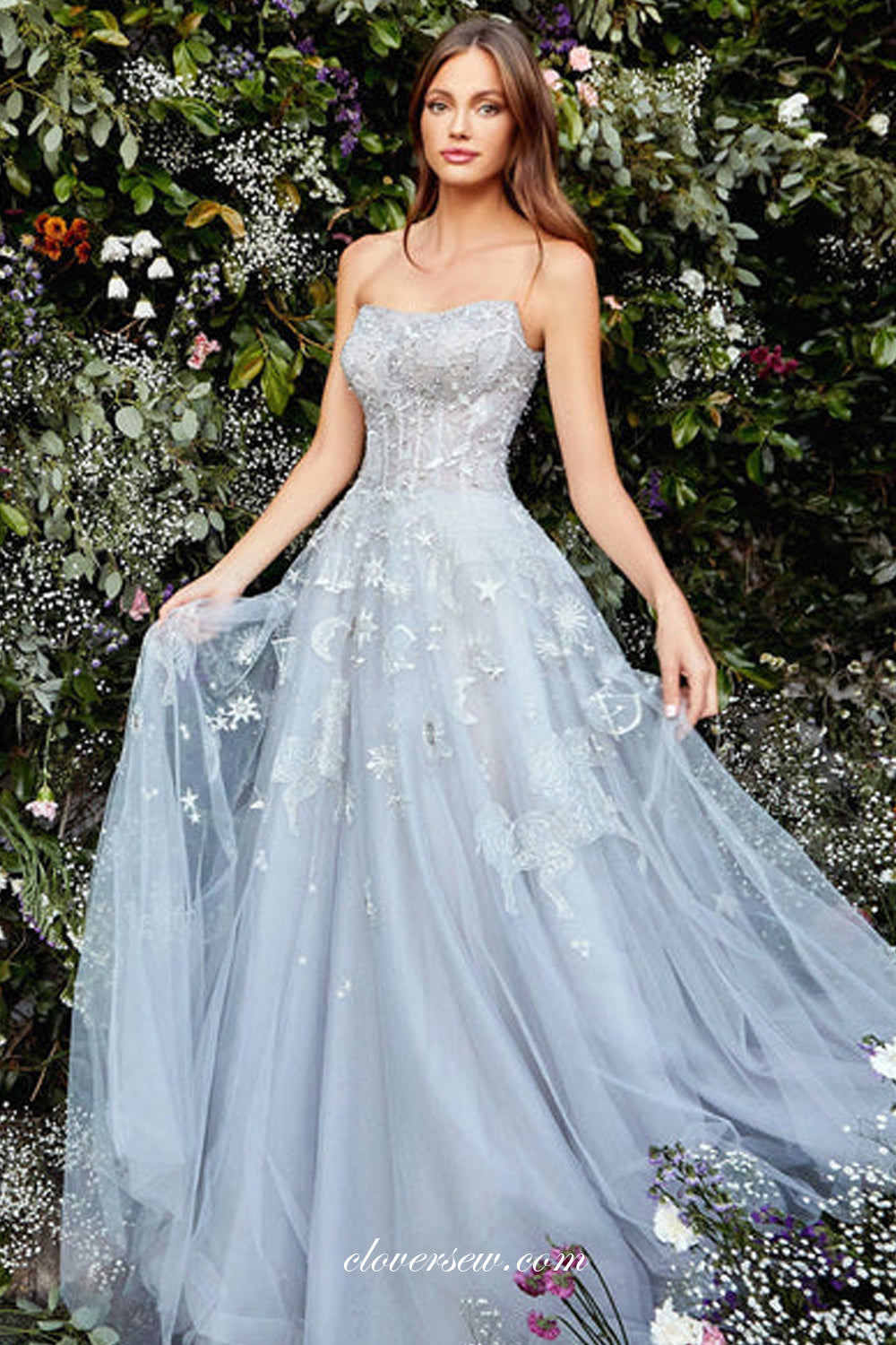 Stunning Embroidery Tulle Strapless A-line Charming Porm Dresses, CP0872