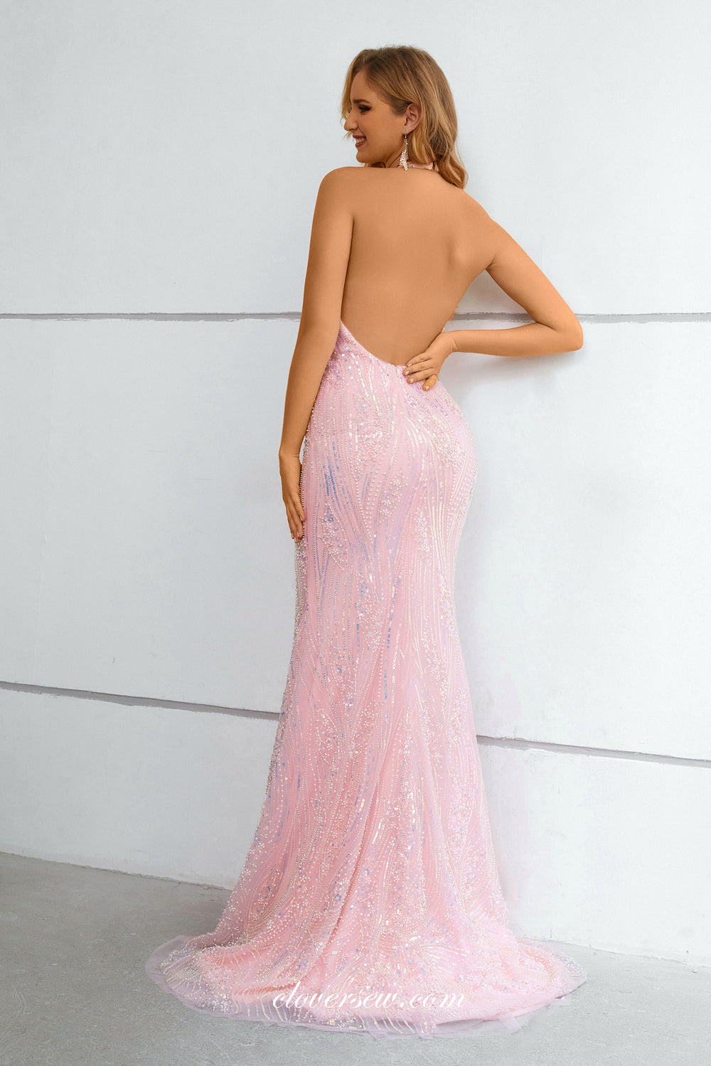 Stunning Gorgeous Beaded Lace Pink Halter Mermaid Prom Dresses, CP0921