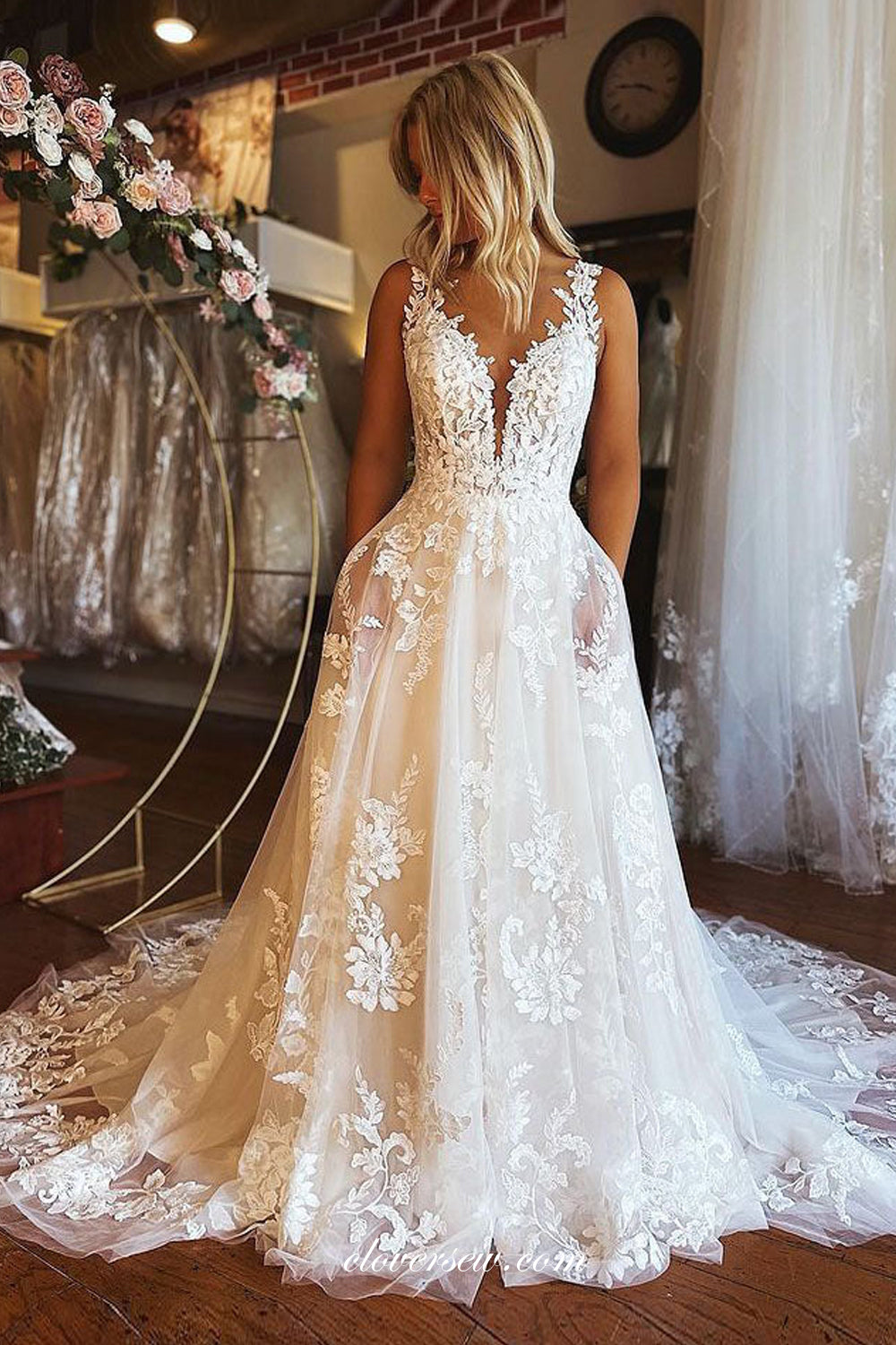 Stunning Lace Applique Sleeveless Backless Country Wedding Dresses, CW clover sew Stunning Lace Applique Sleeveless Backless Country Wedding Dresses, CW clover sew