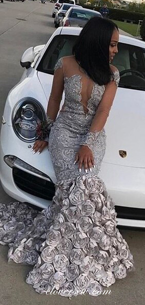 Stunning Lace Illusion Long Sleeves Rosy Satin Mermaid Prom Dresses, CP0567
