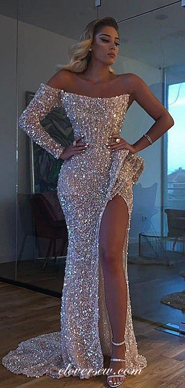 Stunning Shiny Sequin One Sleeve Sexy High Slit Formal Dresses, CP0668