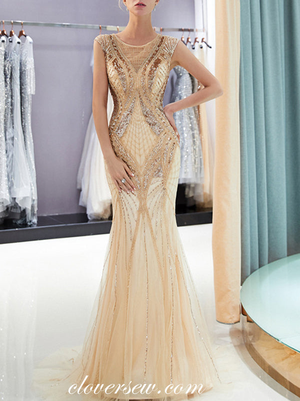 Stunning Bead Cap Sleeves Mermaid Gold Prom Dresses,CP0367
