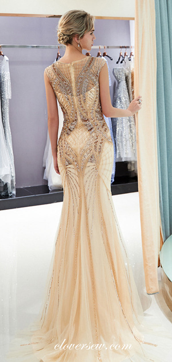 Stunning Bead Cap Sleeves Mermaid Gold Prom Dresses,CP0367