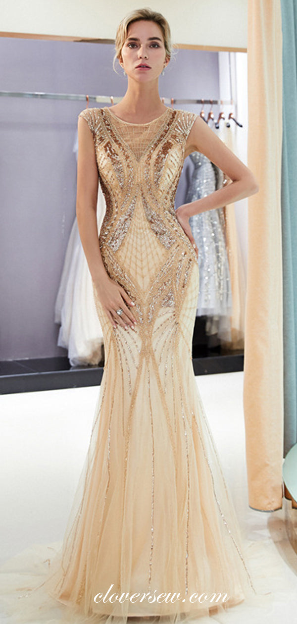 Stunning Bead Cap Sleeves Mermaid Gold Prom Dresses,CP0367 clover sew Stunning Bead Cap Sleeves Mermaid Gold Prom Dresses,CP0367 clover sew