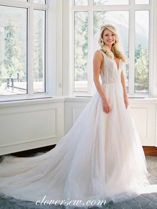 Stunning Bead Ivory Tulle V-neck A-line Wedding Dresses, CW0053