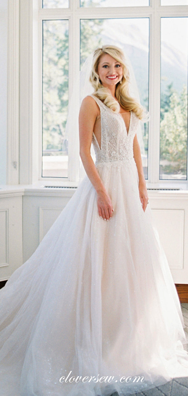 Stunning Bead Ivory Tulle V-neck A-line Wedding Dresses, CW0053