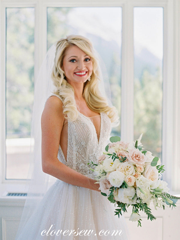 Stunning Bead Ivory Tulle V-neck A-line Wedding Dresses, CW0053