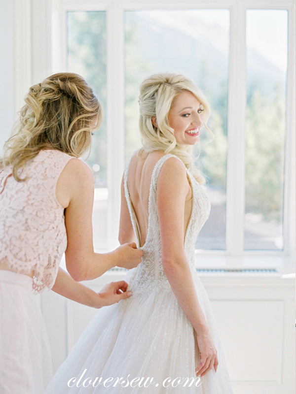Stunning Bead Ivory Tulle V-neck A-line Wedding Dresses, CW0053