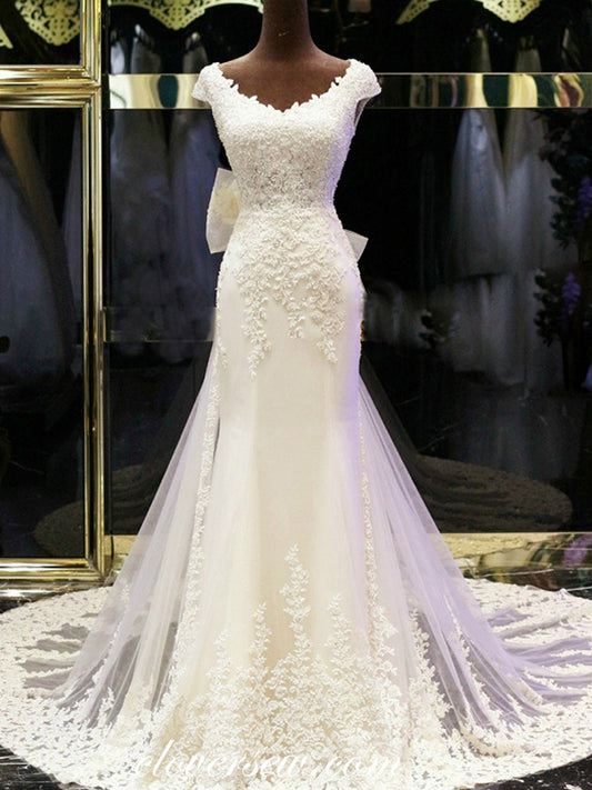 Stunning Bead Lace Ivory Tulle With Bowknot Cap Sleeves Wedding Dresses , CW0069