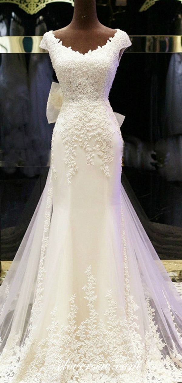 Stunning Bead Lace Ivory Tulle With Bowknot Cap Sleeves Wedding Dresses , CW0069