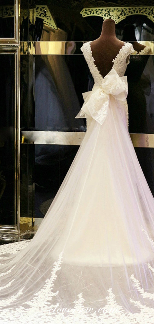 Stunning Bead Lace Ivory Tulle With Bowknot Cap Sleeves Wedding Dresses , CW0069