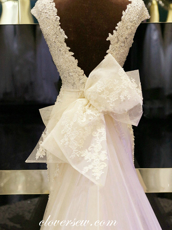 Stunning Bead Lace Ivory Tulle With Bowknot Cap Sleeves Wedding Dresses , CW0069