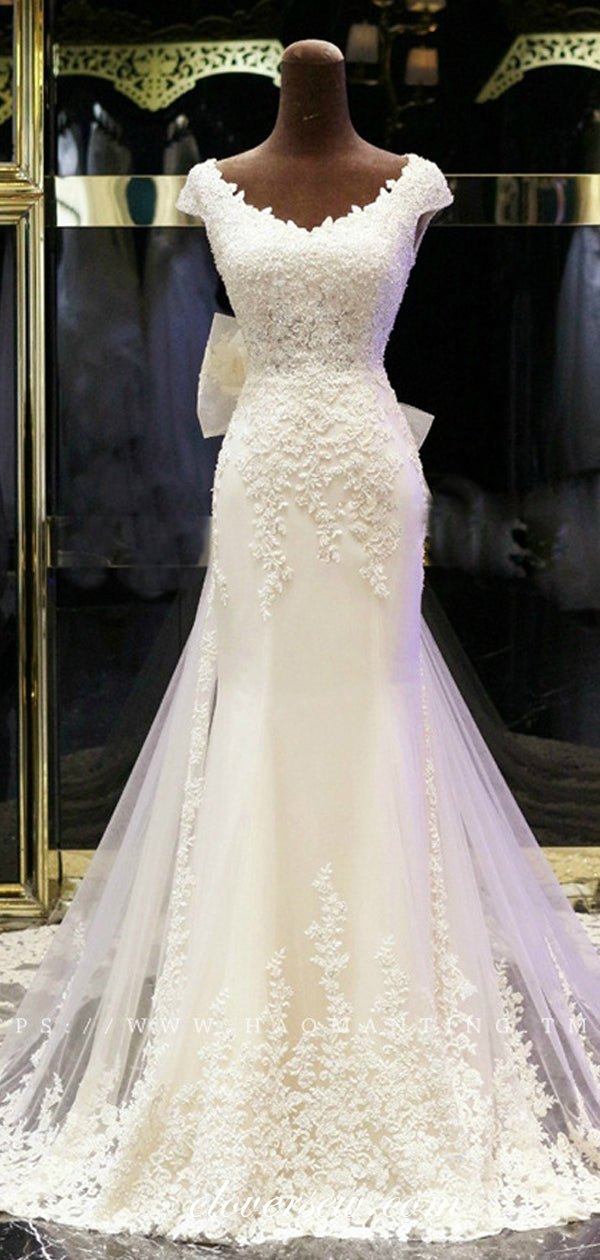 Stunning Bead Lace Ivory Tulle With Bowknot Cap Sleeves Wedding Dresses , CW0069