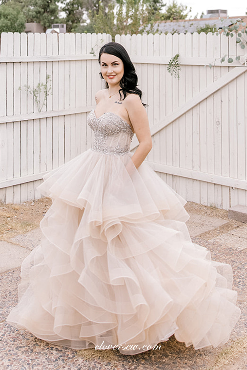Sweetheart Strapless Pink Champagne Ruffles Beaded Tulle Wedding Dresses, CW0245 Sweetheart Strapless Pink Champagne Ruffles Beaded Tulle Wedding Dresses, CW0245