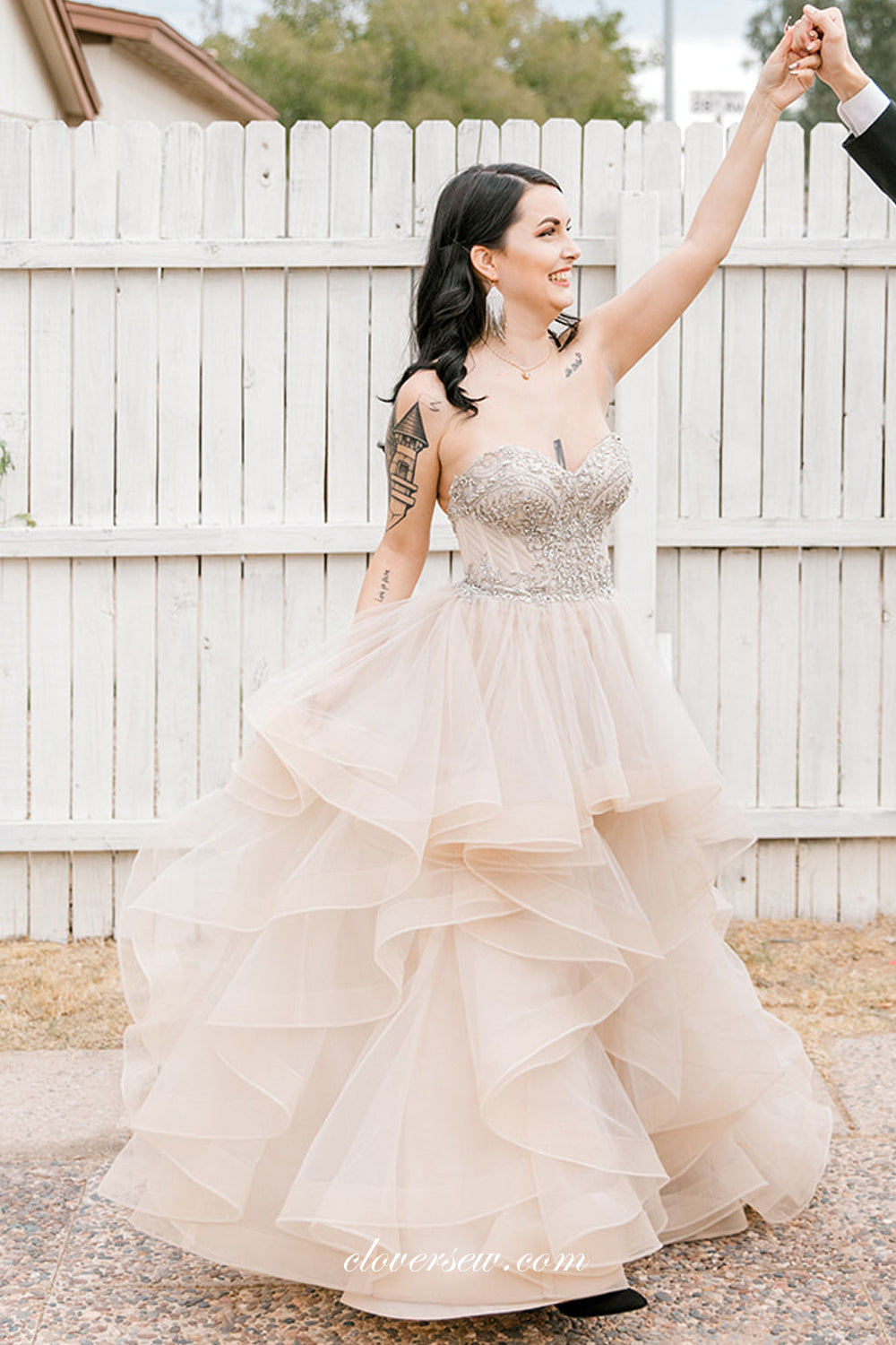 Sweetheart Strapless Pink Champagne Ruffles Beaded Tulle Wedding Dresses, CW0245 US2 / As Pic