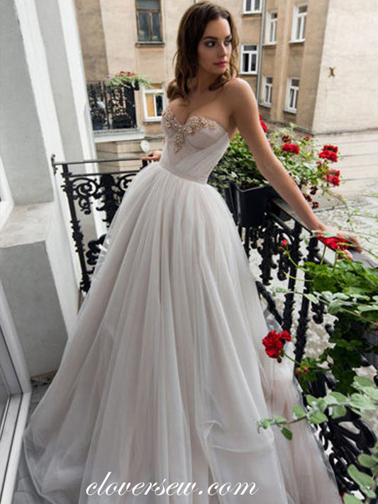 Sweetheart Strapless Applique Tulle A-line Fashion Prom Dresses,CP0354