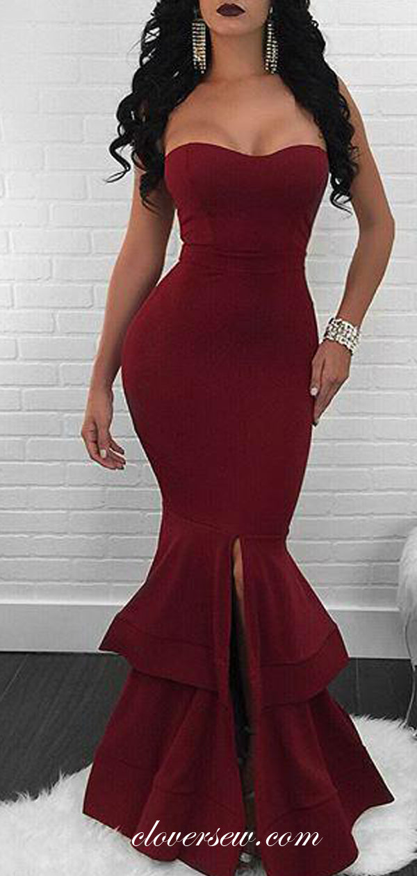 Sweetheart Strapless Tiered Mermaid With Slit Prom Dresses, CP0089