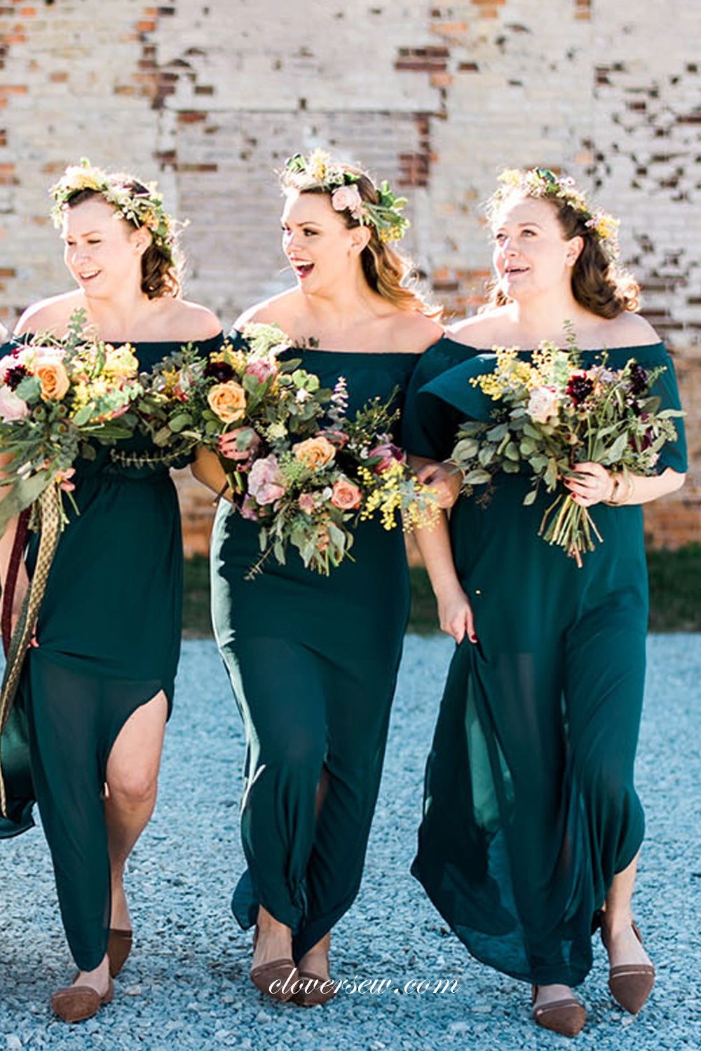 Teal Green Chiffon Off The Shoulder Side Slit Boho Bridesmaid Dresses, CB0277