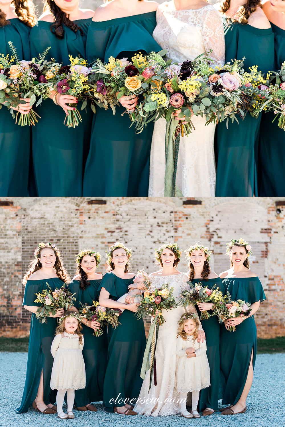 Teal Green Chiffon Off The Shoulder Side Slit Boho Bridesmaid Dresses, CB0277